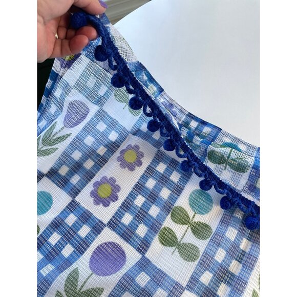 Vintage 70s curtain with pompoms, blue purple green floral, pair or single panel - Picture 6 of 10
